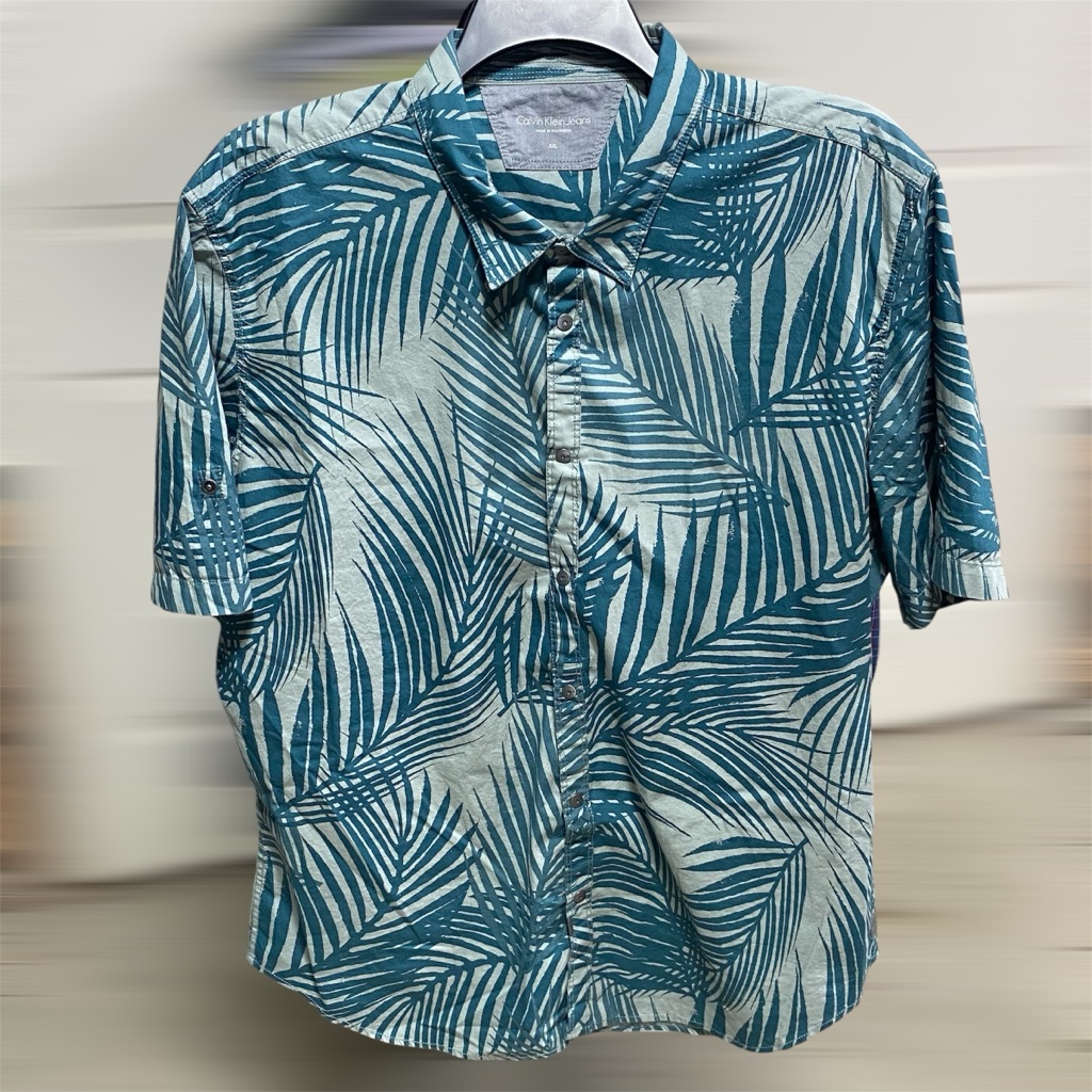 Calvin Klein Roll Tab Short Sleeve Snap Front Green Leaf Shirt Mens Size Xxl